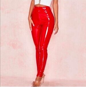House of CB Red Vinyl Patent Leather Pants Size High Waisted Shiny Skinny S